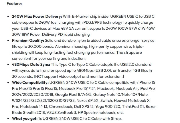 UGREEN 45067 1m 240W USB-C to USB-C Cable - Gray