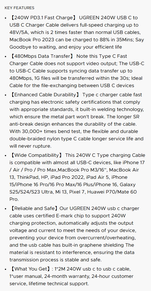 UGREEN 45068 2m 240W USB-C to USB-C Cable - Gray