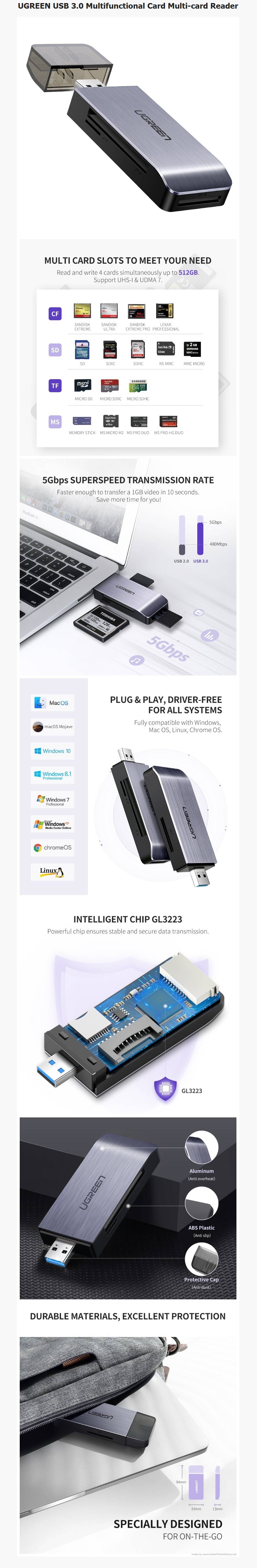 UGREEN 50541 USB 3.0 to CF/TF Multi-Card Reader