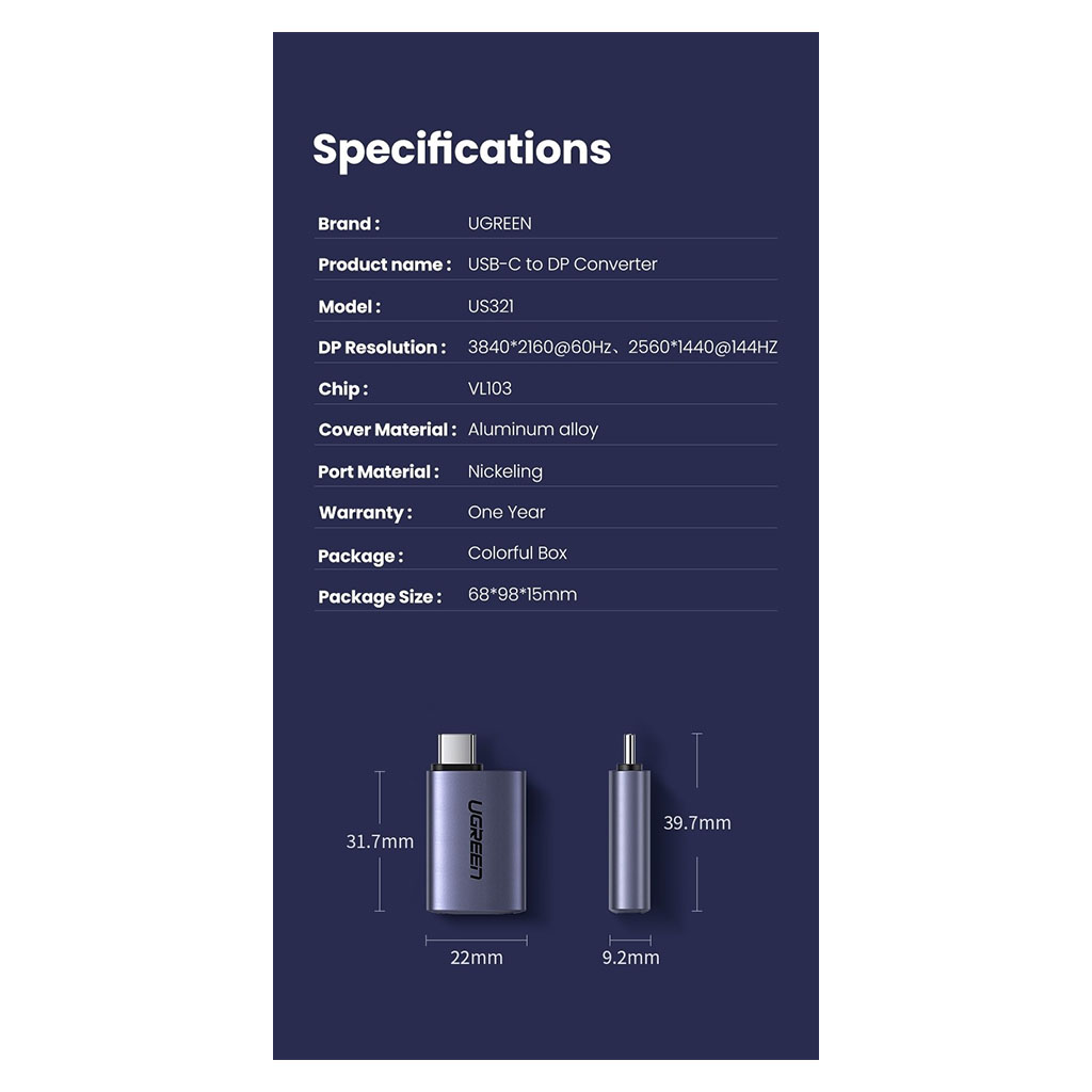 Ugreen 70451 USB-C Male to DP Female Adapter - Dark Grey - 70451 | Mwave
