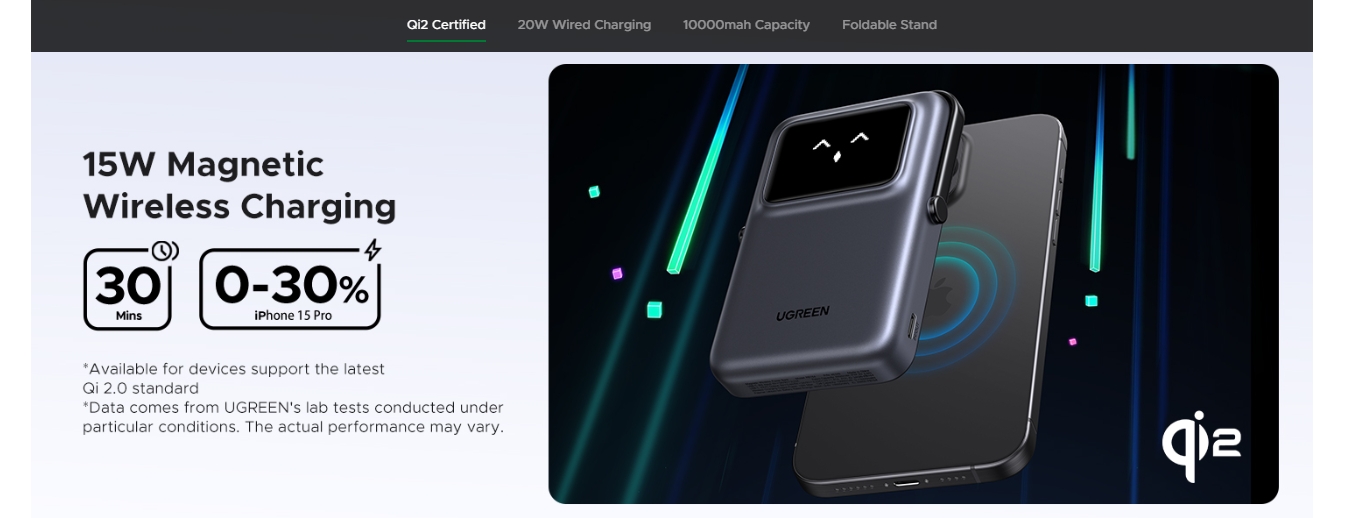 UGREEN Uno 10000mAh Qi2 15W Wireless USB-C Power Bank - Gray