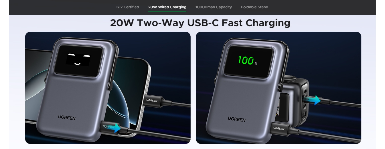 UGREEN Uno 10000mAh Qi2 15W Wireless USB-C Power Bank - Gray