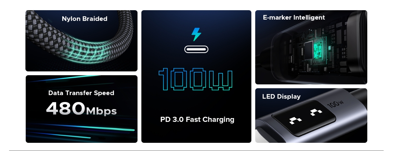 UGREEN Uno 35501 1m 100W USB-C to USB-C Braided Cable - Gray