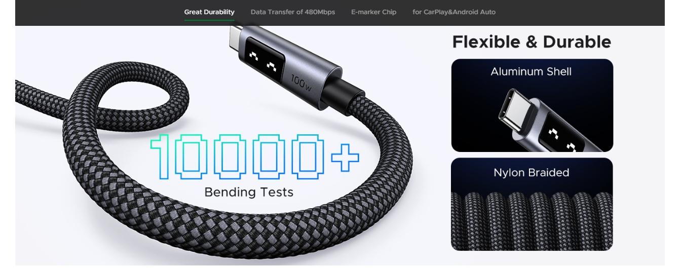 UGREEN Uno 35501 1m 100W USB-C to USB-C Braided Cable - Gray