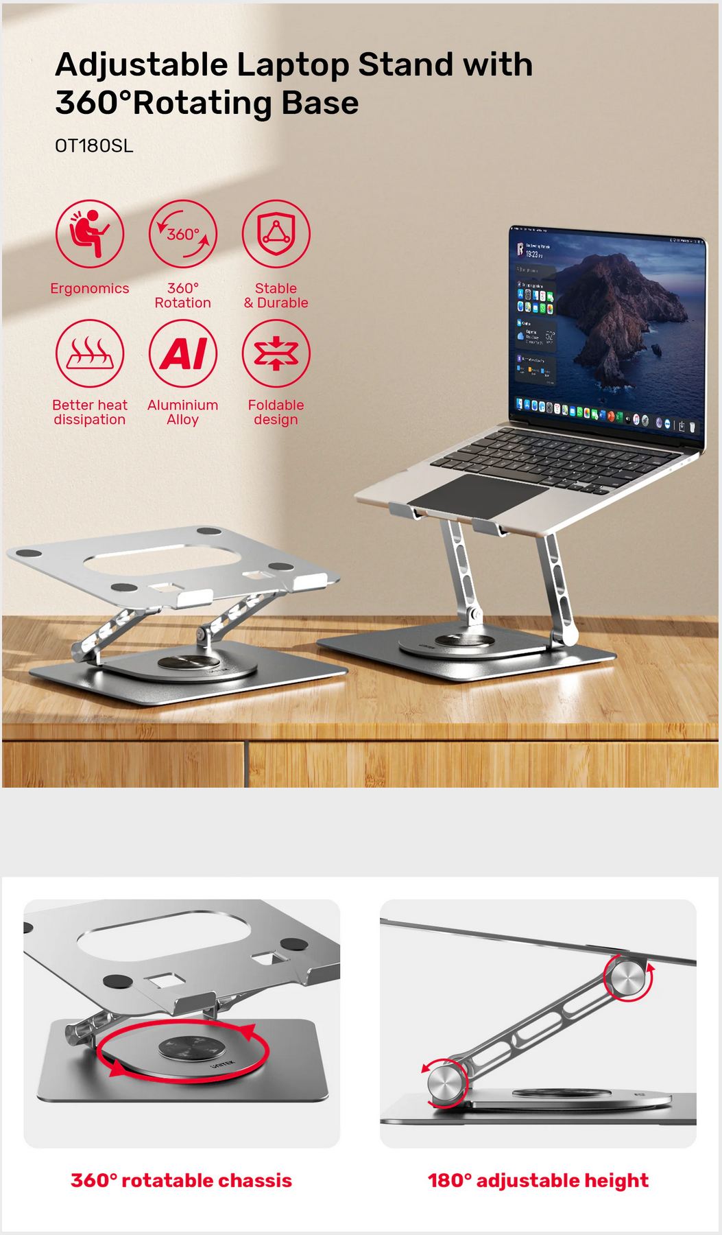 Unitek Adjustable Laptop Stand with 360 Degree Rotating Base ...