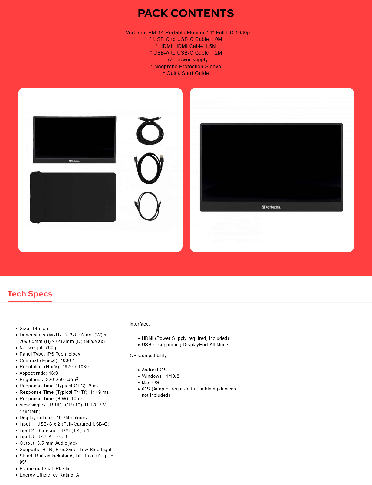 Verbatim PM-14 14" Full HD Portable IPS Monitor w/ USB-C