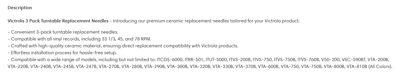 Victrola 3 Pack Turntable Replacement Needles