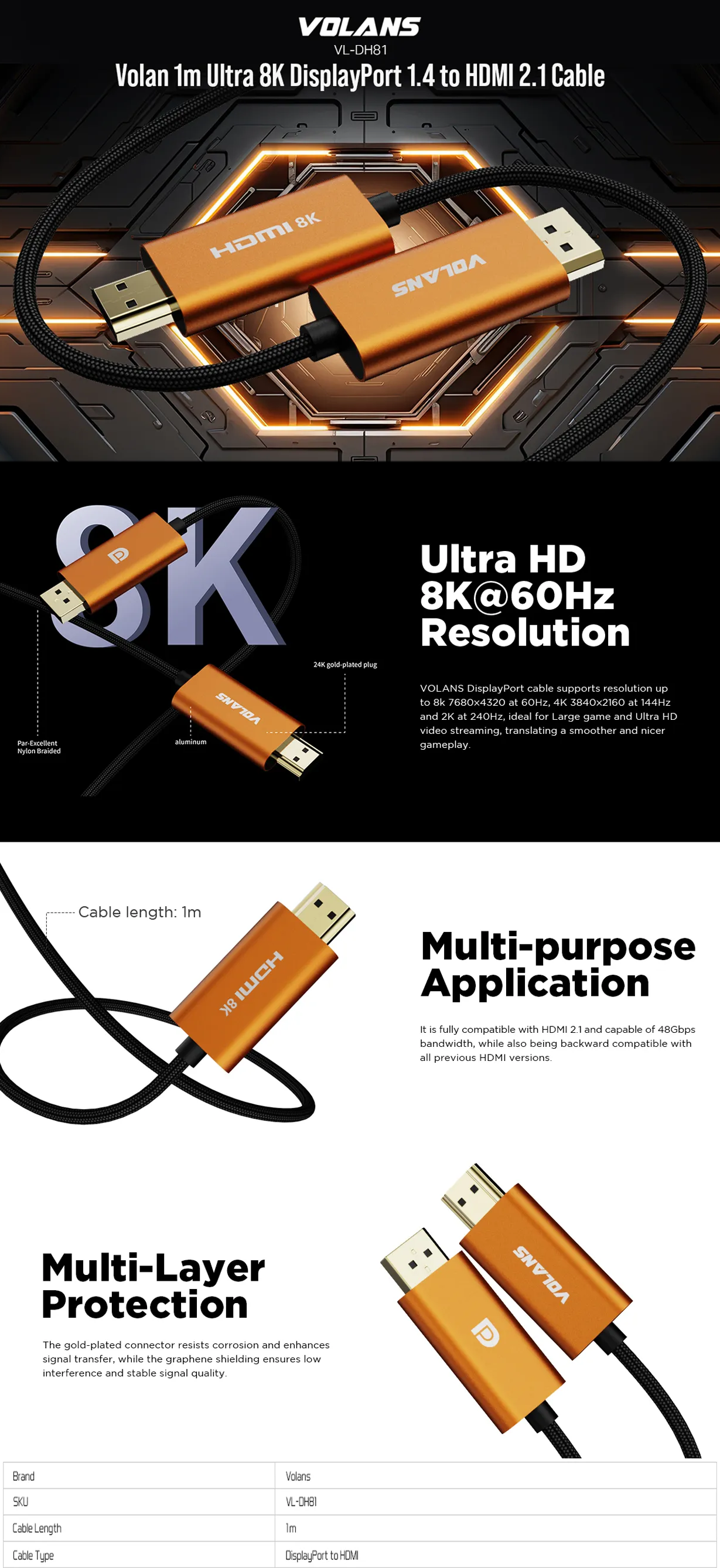 Volans Ultra 8K DisplayPort 1.4 to HDMI 2.1 Cable - 1m