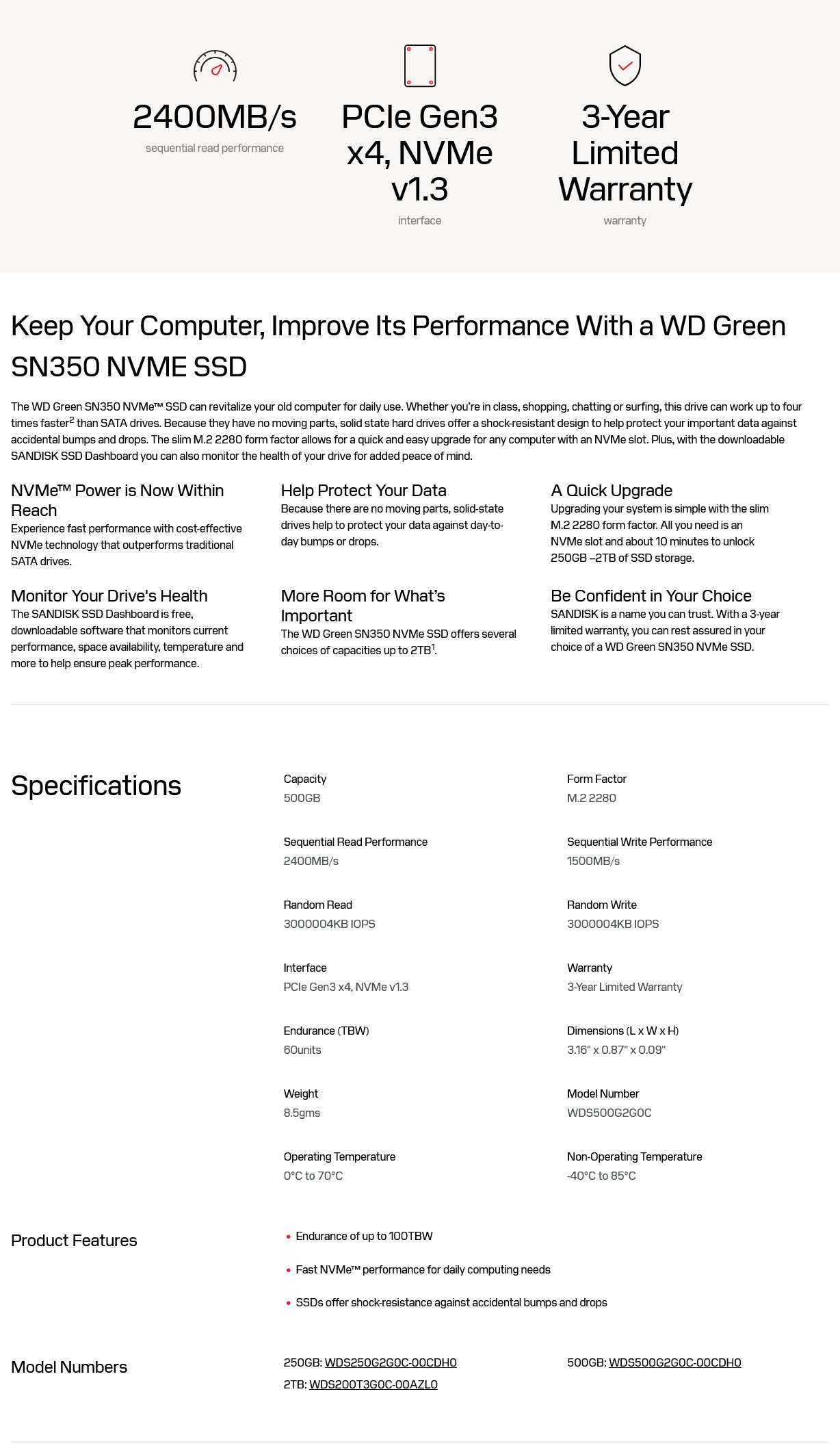 WD Green SN350 500GB PCIe 3.0 NVMe M.2 SSD - WDS500G2G0C