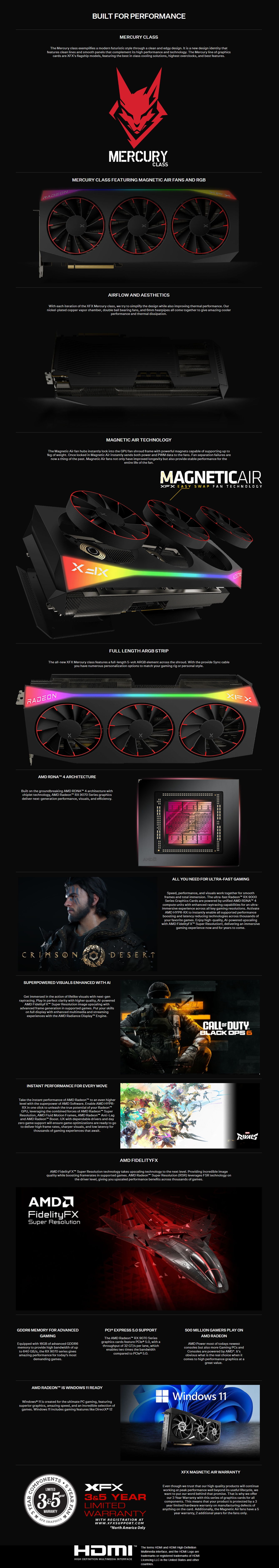 XFX AMD Radeon RX 9070XT Mercury OC Magnetic Air Edition 16GB GDDR6 Video Card