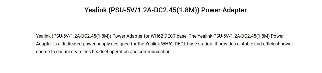 Yealink 1.8M PSU-5V/1.2A-DC2.45 Power Adapter