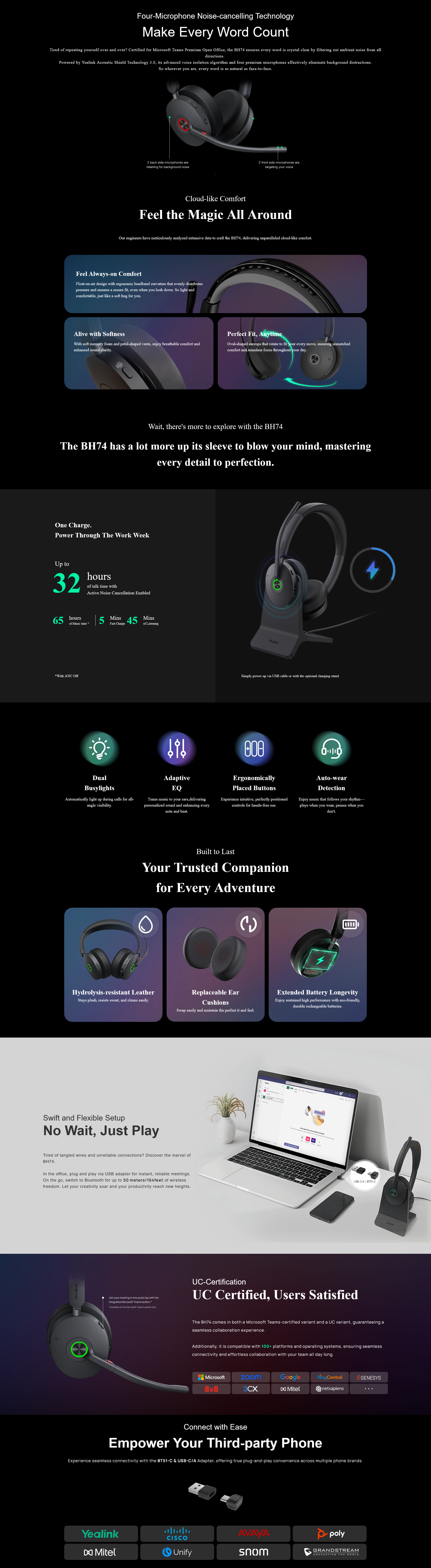 Yealink BH74 USB-C/A Bluetooth Wireless Headset - UC