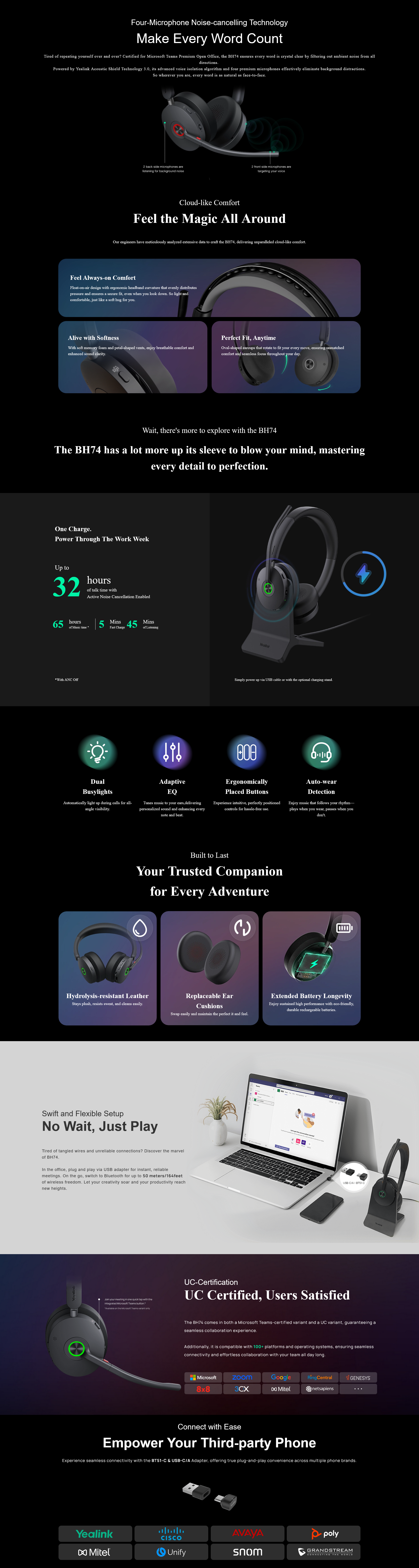 Yealink BH74 USB-C/A Bluetooth Wireless Headset with Stand - UC