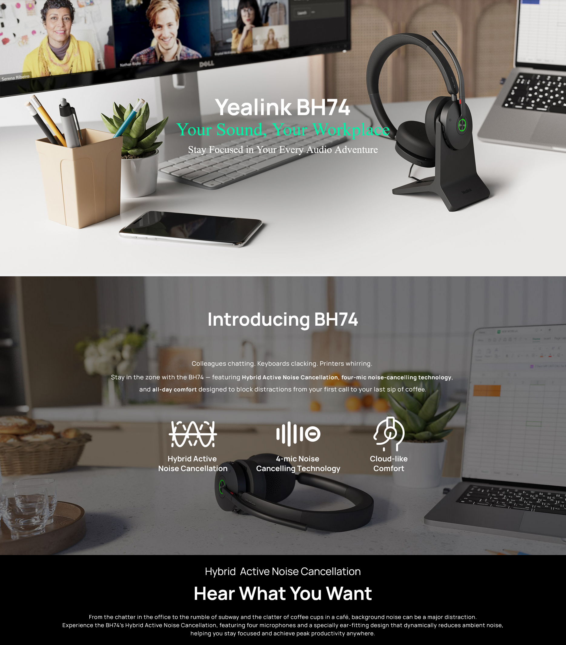 Yealink BH74 USB-C/A Bluetooth Wireless Headset with Stand - UC