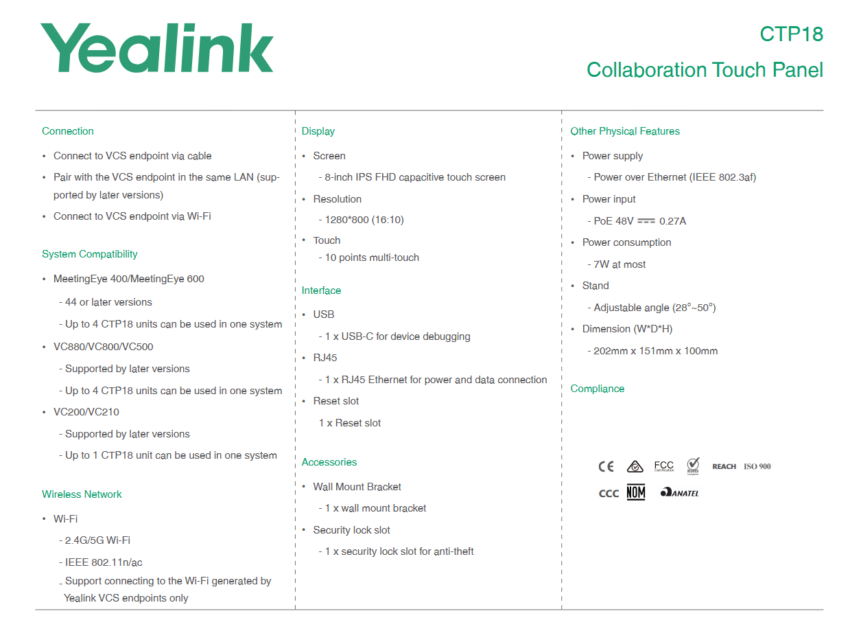 Yealink CTP18-STD CTP18 Touch Panel for Meetingbar A20/A30