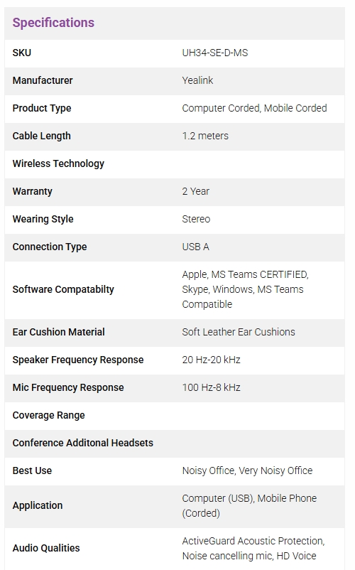Yealink UH34 SE Dual USB Headset - Microsoft Teams