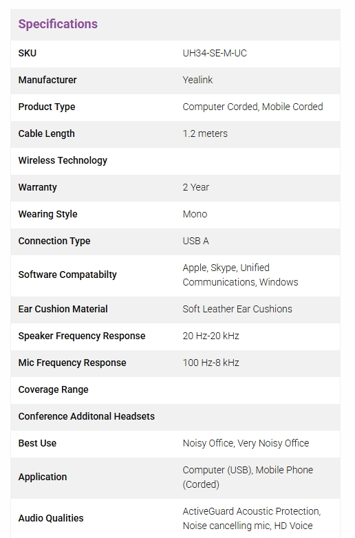 Yealink UH34 SE Mono USB Headset - UC