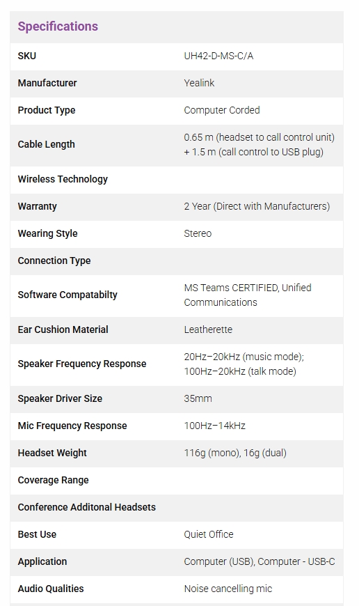 Yealink UH42 Dual USB-C/A Headset - Microsoft Teams