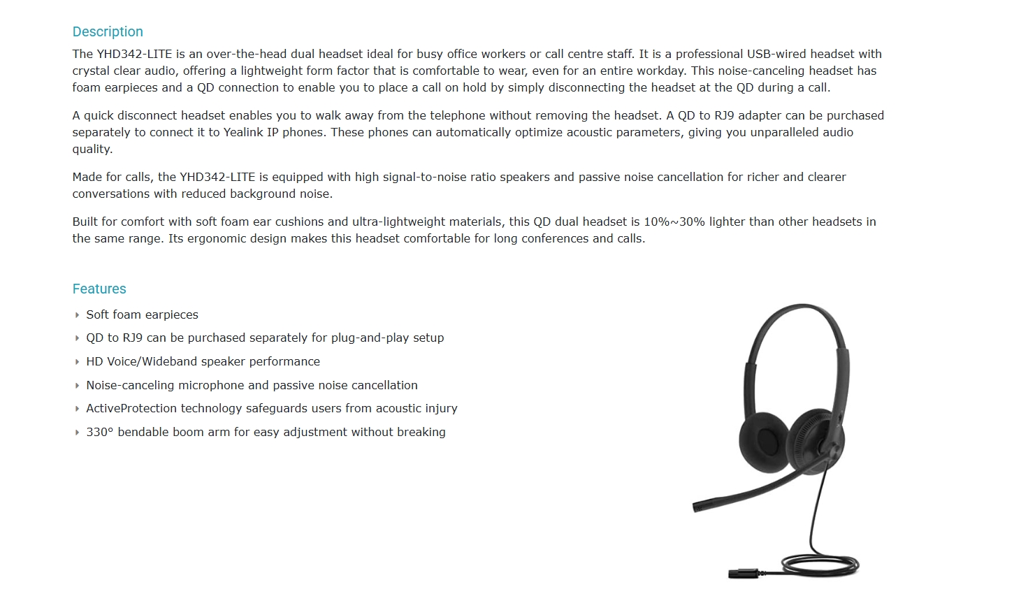 Yealink YHD342 Lite Wideband QD Dual Headset