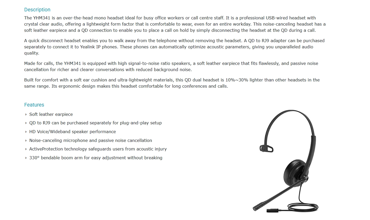 Yealink YHM341 Wideband QD Mono Headset