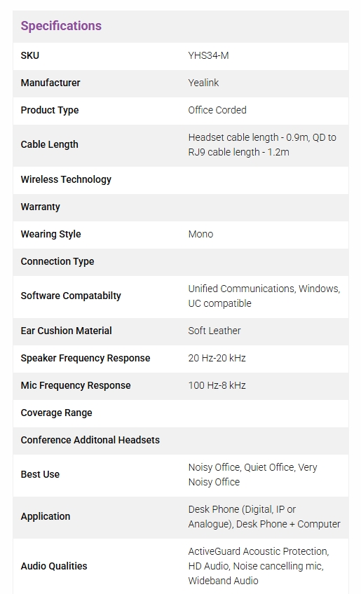 Yealink YHS34 Mono Wideband NC Wired Headset