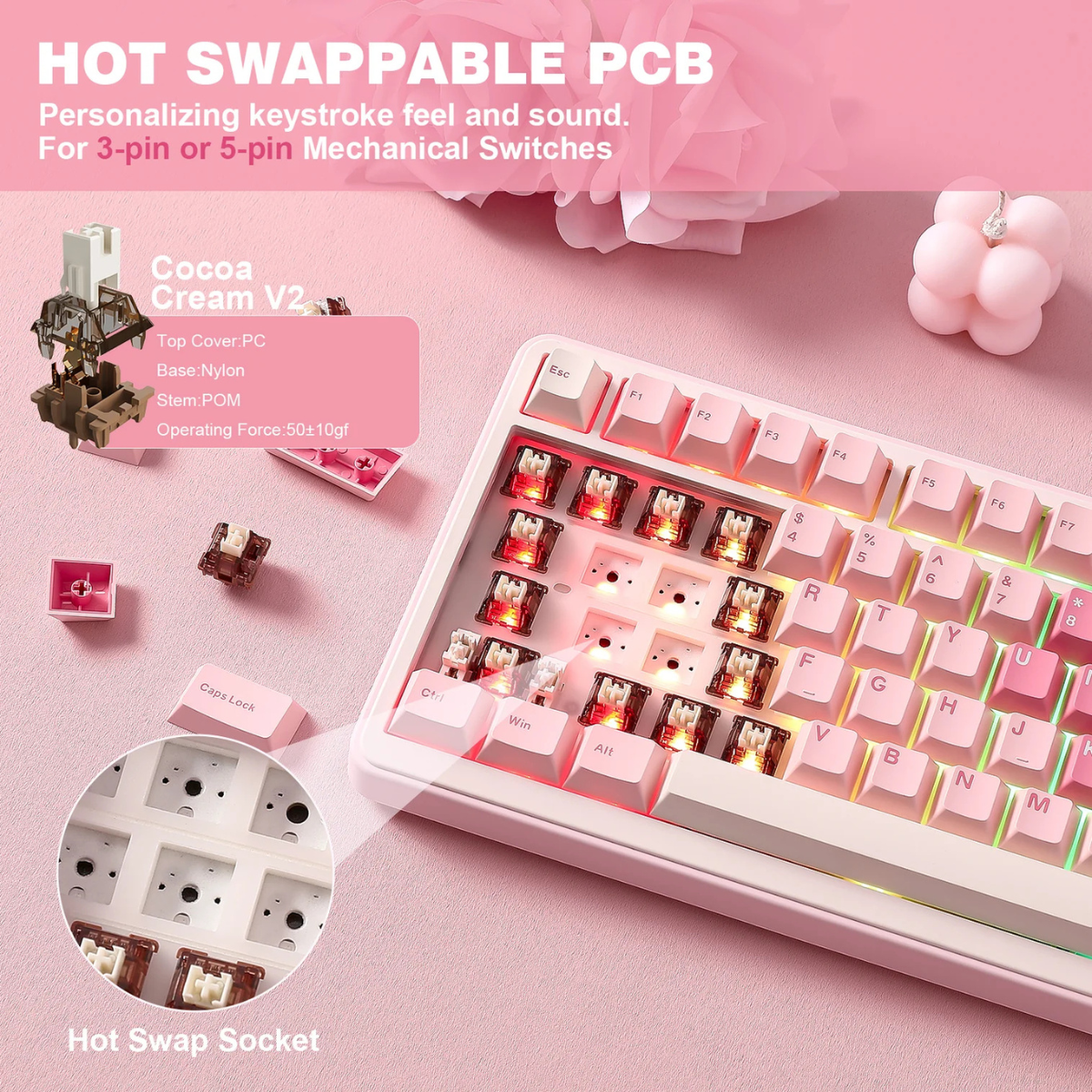 YUNZII B75 Pro Pink Wireless Mechanical Keyboard - YUNZII Cocoa