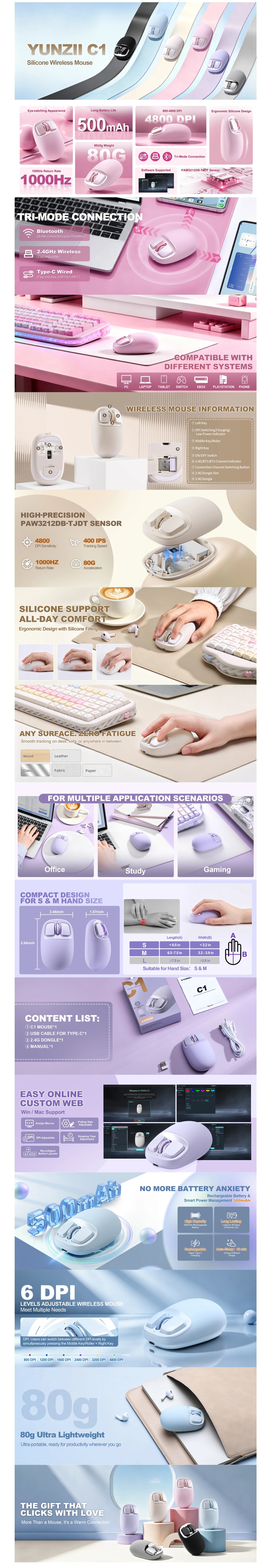 YUNZII C1 Silicone Tri-Mode Wireless Custom Mouse - Beige