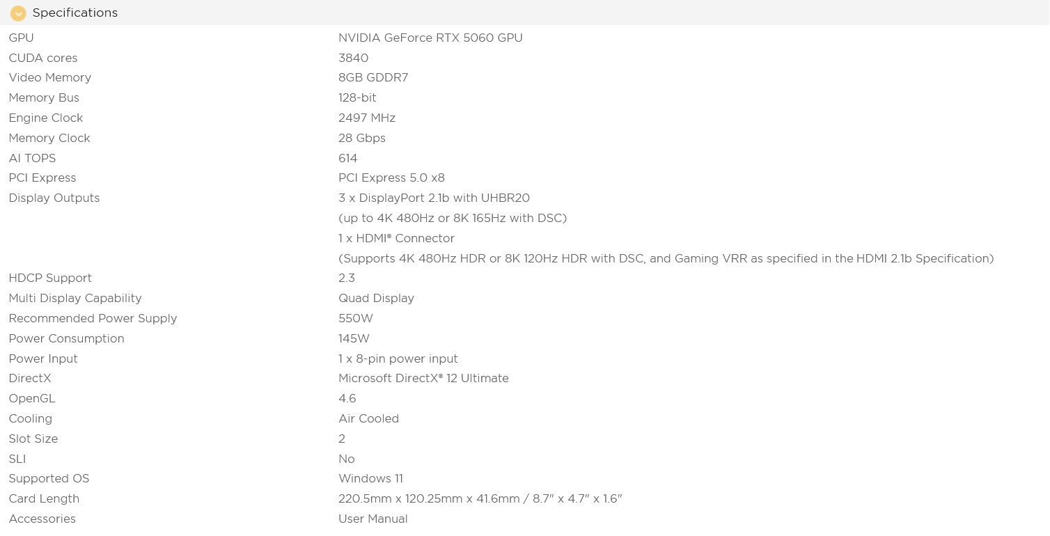 Zotac Gaming GeForce RTX 5060 Twin Edge Plus 8GB Video Card